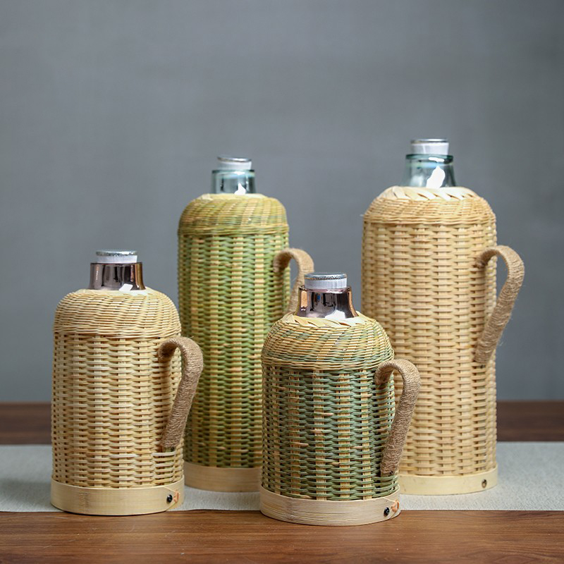 夏日复古风竹编玻璃内胆保温保冷闷茶壶家用传统木塞热水瓶