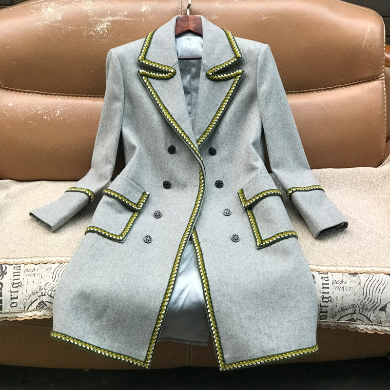 私人定制  三次手工成型双排扣羊毛呢修身大衣中长款外套重工勾边