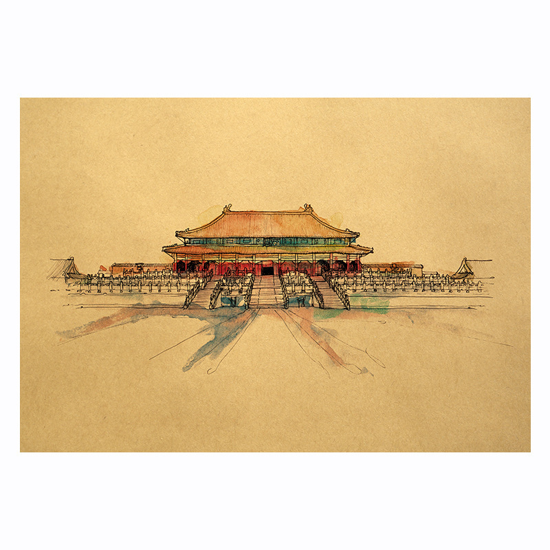 北京皇宫素描版 牛皮纸怀旧复古海报 宿舍卧室酒吧咖啡馆装饰画