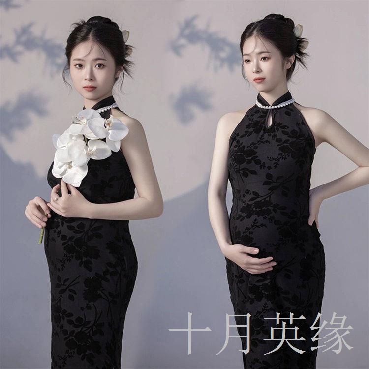 新款孕妇照服装复古影楼中国风新中式黑色旗袍孕妈咪摄影拍照服装
