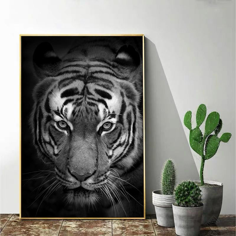 走廊过道装饰画老虎狮子野兽动物挂画现代简约黑白背景办公室壁画