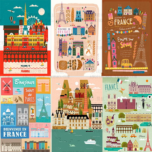 儿童绘本风法国巴黎旅游景点建筑插图海报ai矢量设计素材模板