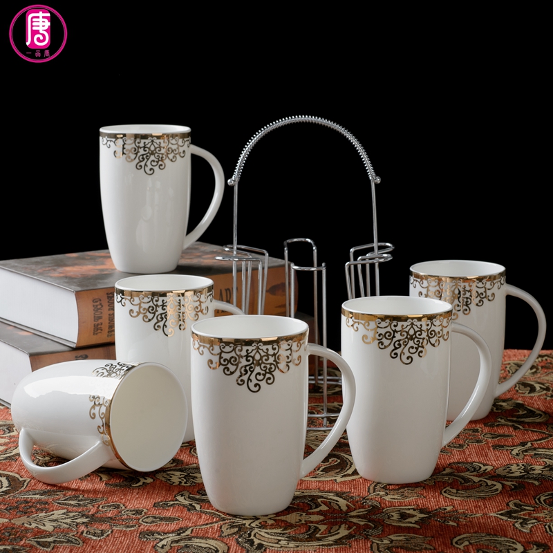 六个装简约家用杯子陶瓷套装骨瓷水杯组合带把马克杯咖啡杯喝茶杯