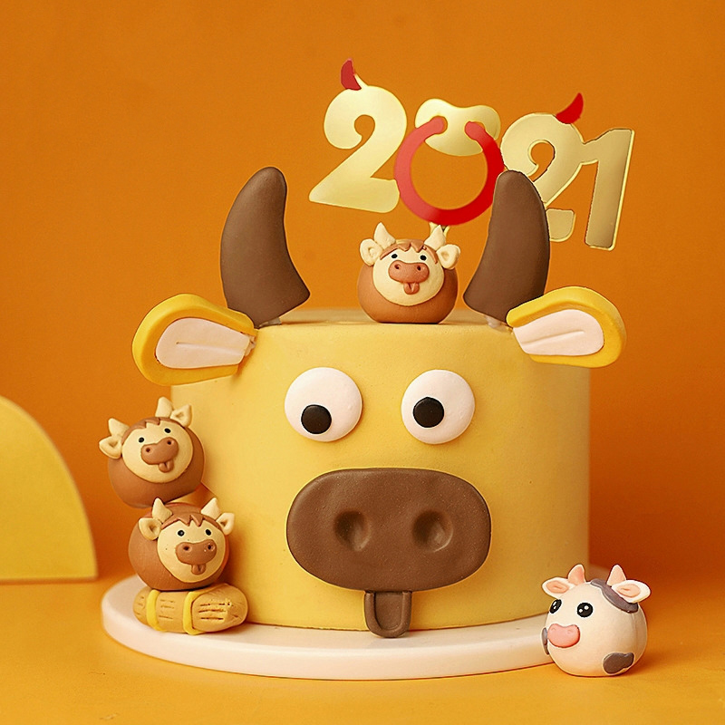 牛年2021软陶表情插件翻糖蛋糕烘焙装饰牛角立体卡通小牛甜品装扮