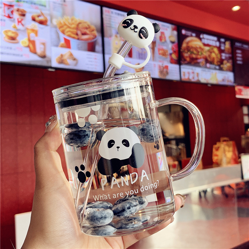 可爱熊猫玻璃水杯带吸管女生家用耐高温儿童牛奶杯子办公室咖啡杯