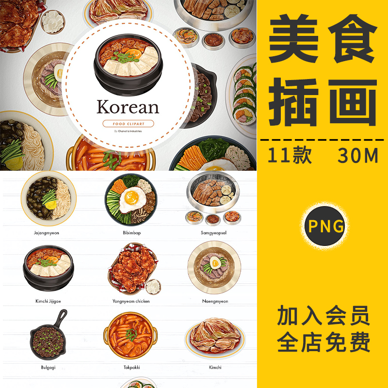 韩国手绘美食品卡通水彩插画图案餐饮菜单设计海报背景免抠PS素材