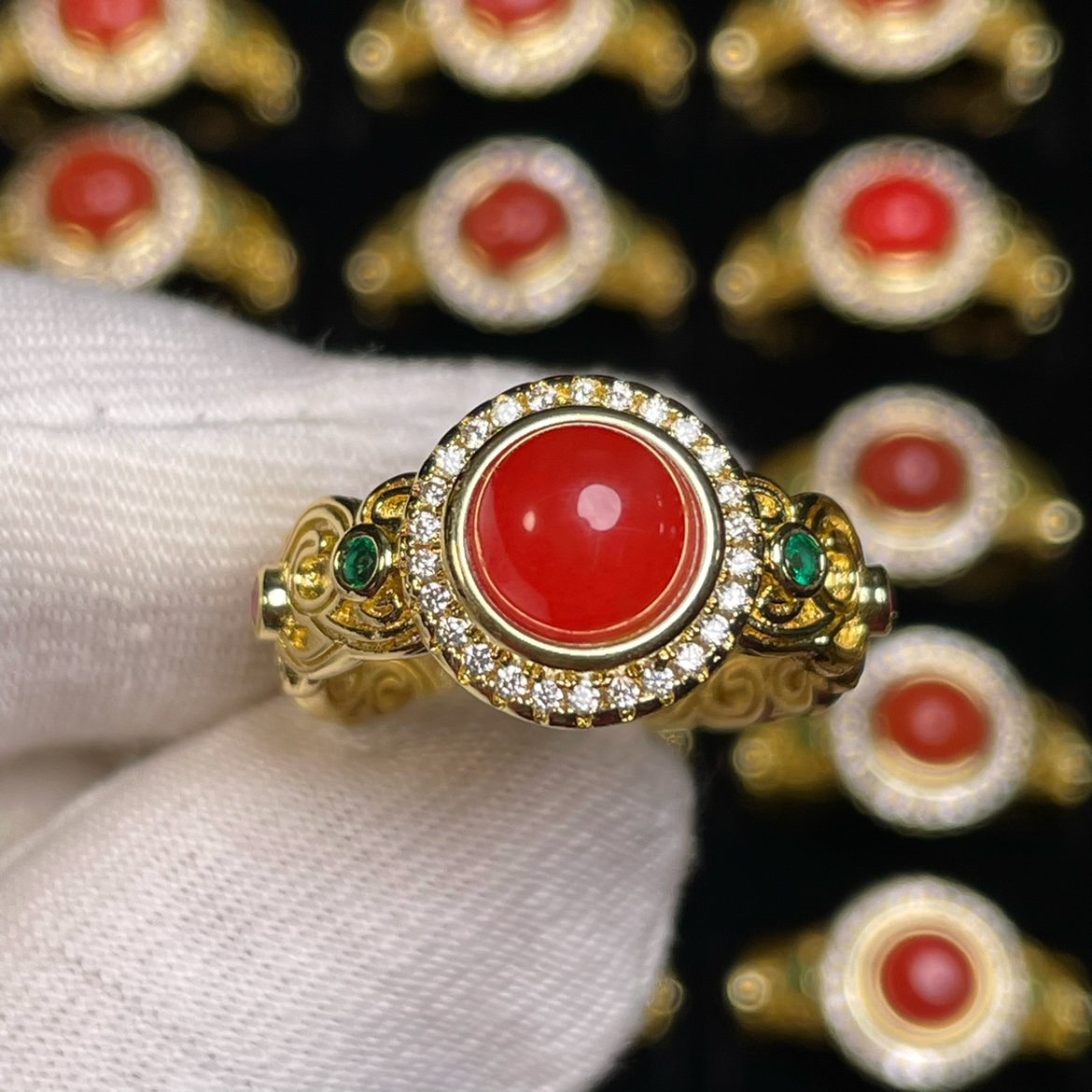 天然南红玛瑙保山冰红戒指女复古镀金开口指环红宝石玉石时尚礼物