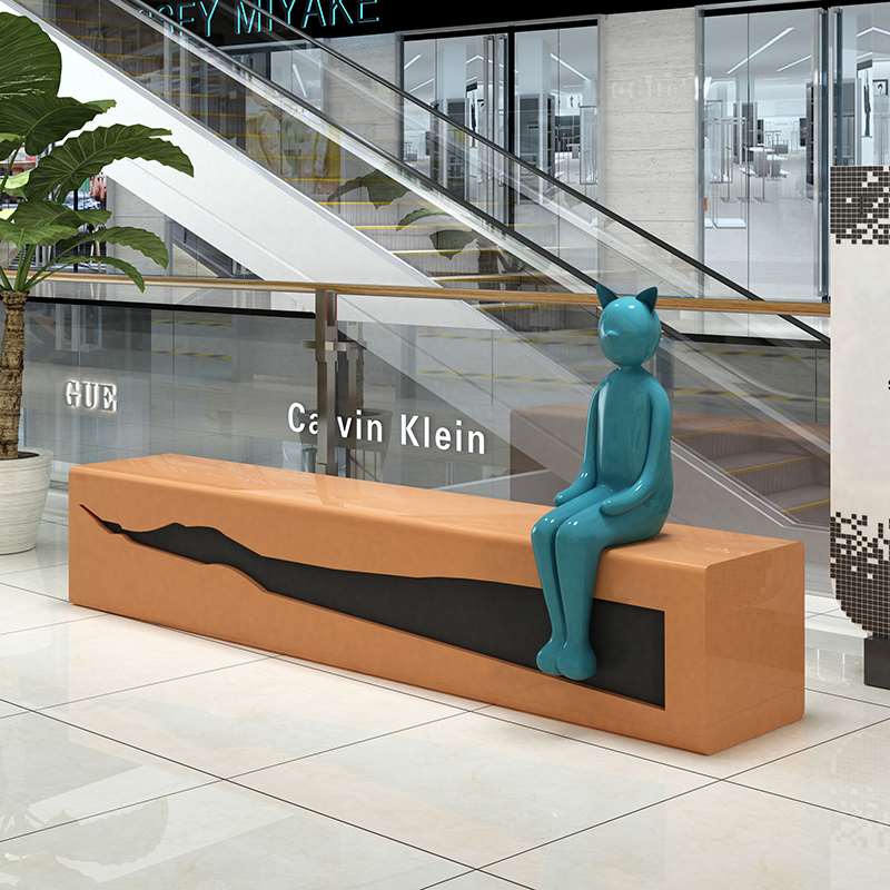 商场玻璃钢休闲椅公共休息区等候椅创意时尚卡通猫坐凳