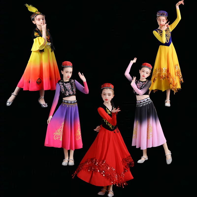 六一新款维吾族舞蹈服装儿童新疆舞演出服哈萨克族小小古丽大摆裙