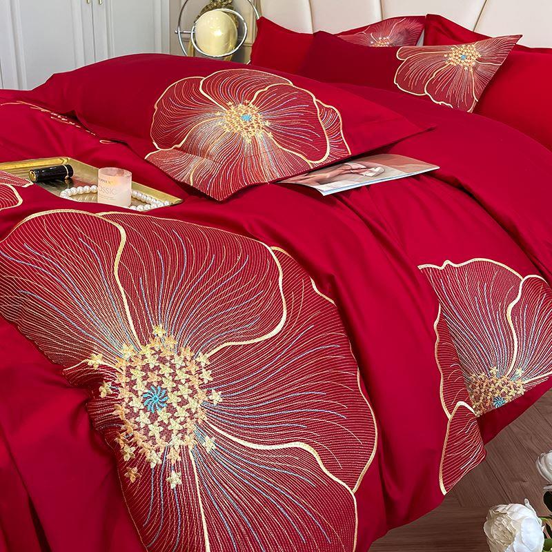 高档刺绣婚庆四件套大红色床单被套纯棉全棉结婚床上用品婚房喜被