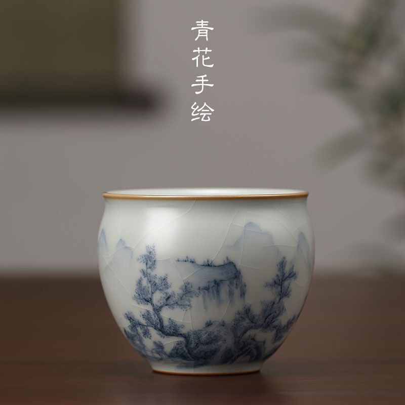 景德镇天青汝窑分寸手绘茶杯 陶瓷品茗杯个人专用茶杯 秋韵小品杯