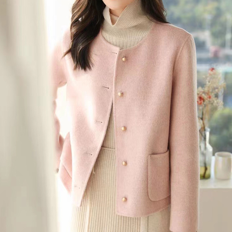 双面羊绒大衣女短款2023新款韩版小香风单排扣圆领减龄羊毛呢外套