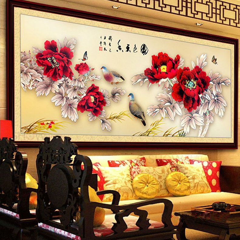 国色天香十字绣2024新款客厅餐厅中国风牡丹花大幅简单好贴钻石画