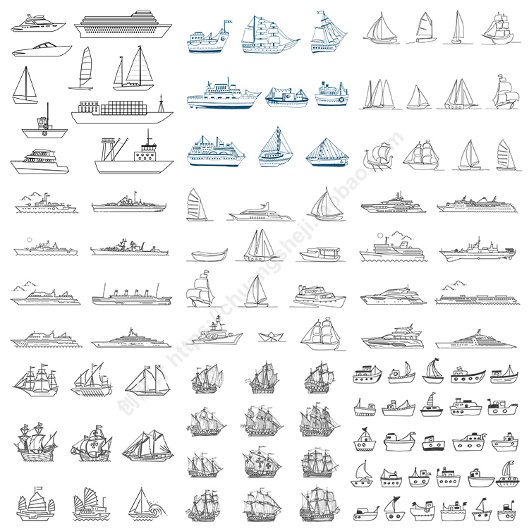 线描船只图标 手绘卡通轮船帆船游艇线稿图案 AI格式矢量设计素材