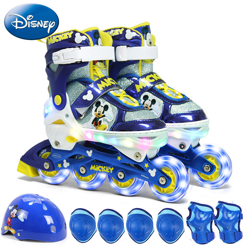 正品迪士尼Hellokitty凯蒂猫儿童轮滑鞋溜冰滑冰鞋套装可调闪光