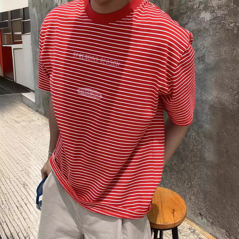 BOY GO夏季感官时代美式复古圆领短袖条纹打底衫舒适透气休闲百搭