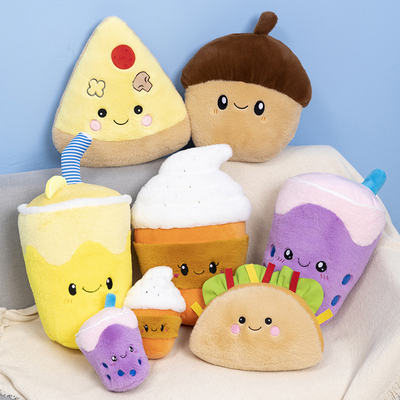 创意可爱卡通零食汉堡薯条披萨奶茶抱枕松果饮料咖啡毛绒玩具公仔