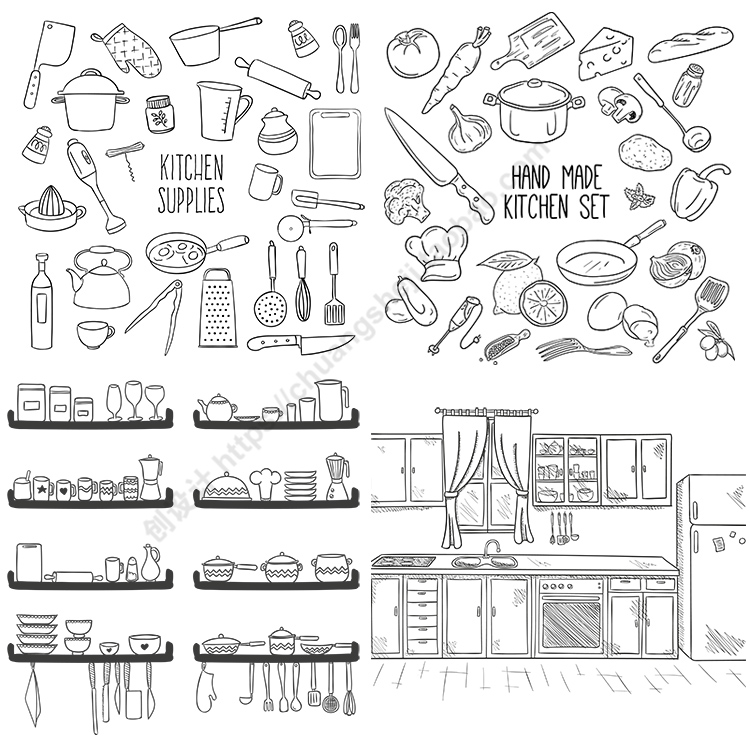 手绘厨房元素 线描卡通厨房用具厨具餐具图标 AI格式矢量设计素材