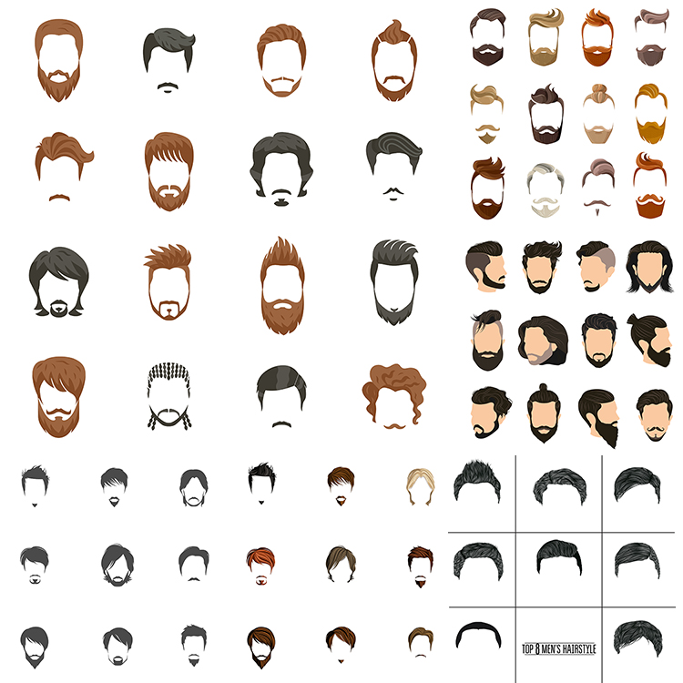 男士发型AI矢量素材 扁平化卡通男生男性头发胡子造型 设计素材