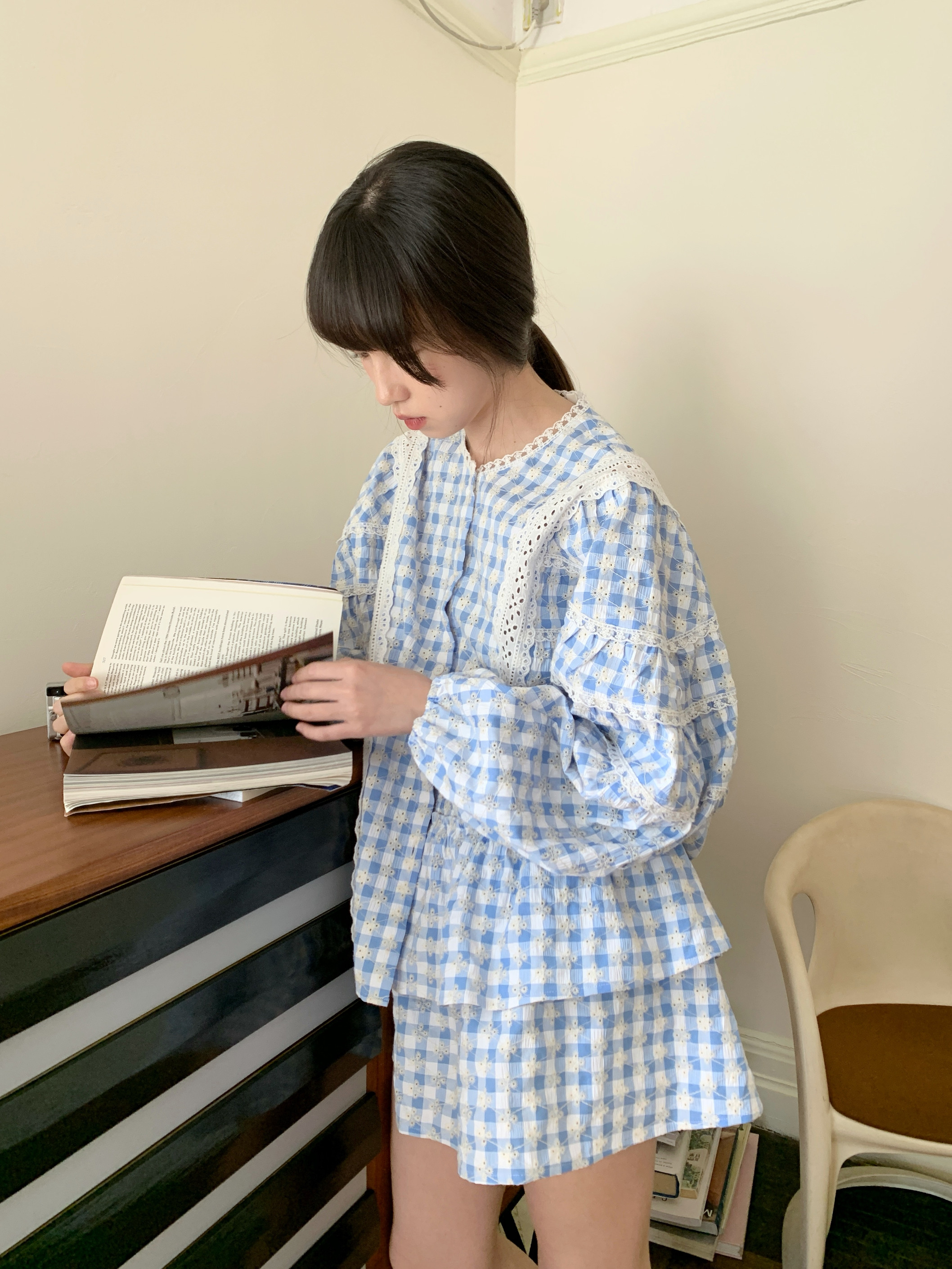 freshtaro 复活版型 镂空小格纹面料蕾丝拼接蛋糕裙套装女夏时尚