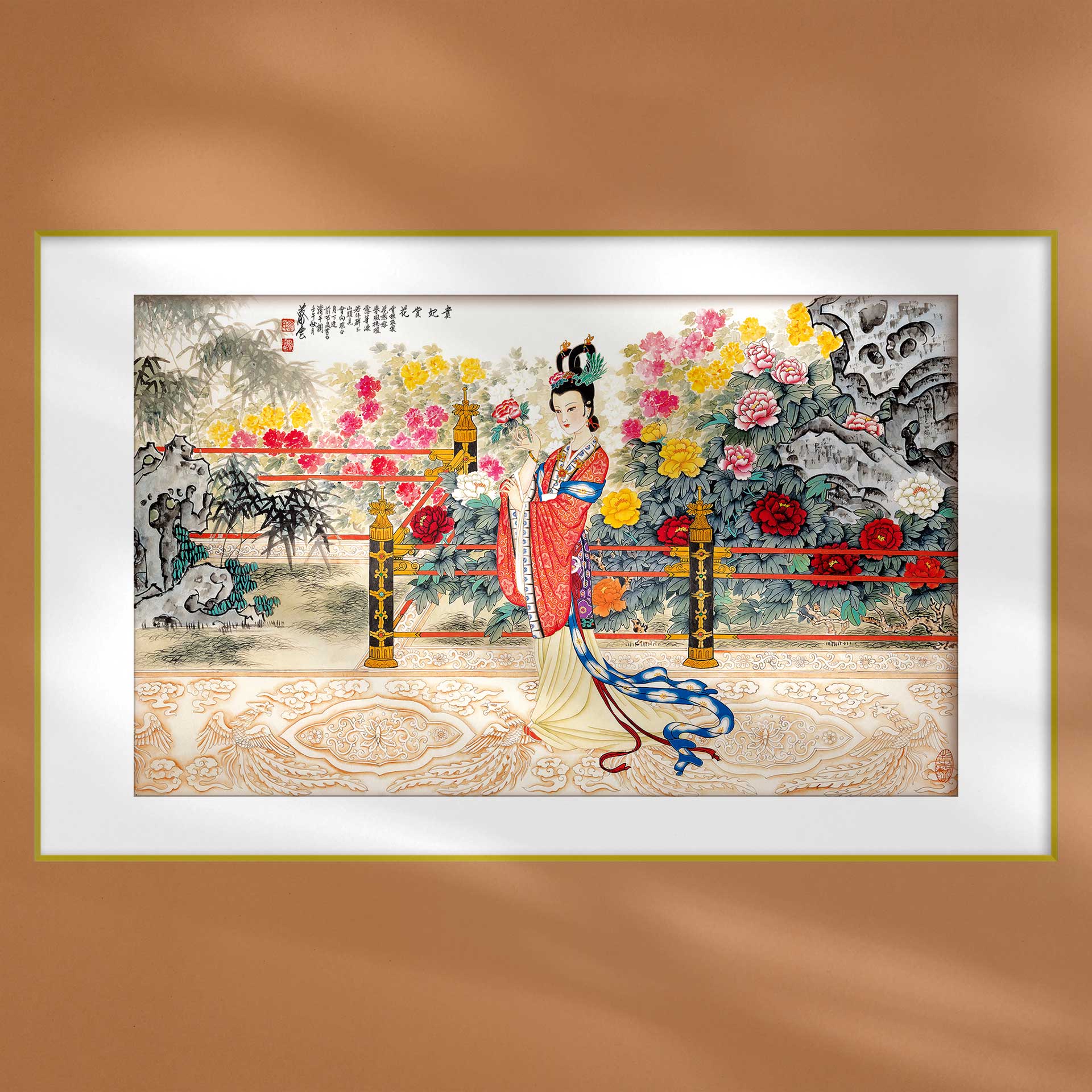 古典美女工笔中国画贵妃赏花牡丹美人图客厅饭店中式背景墙装饰画