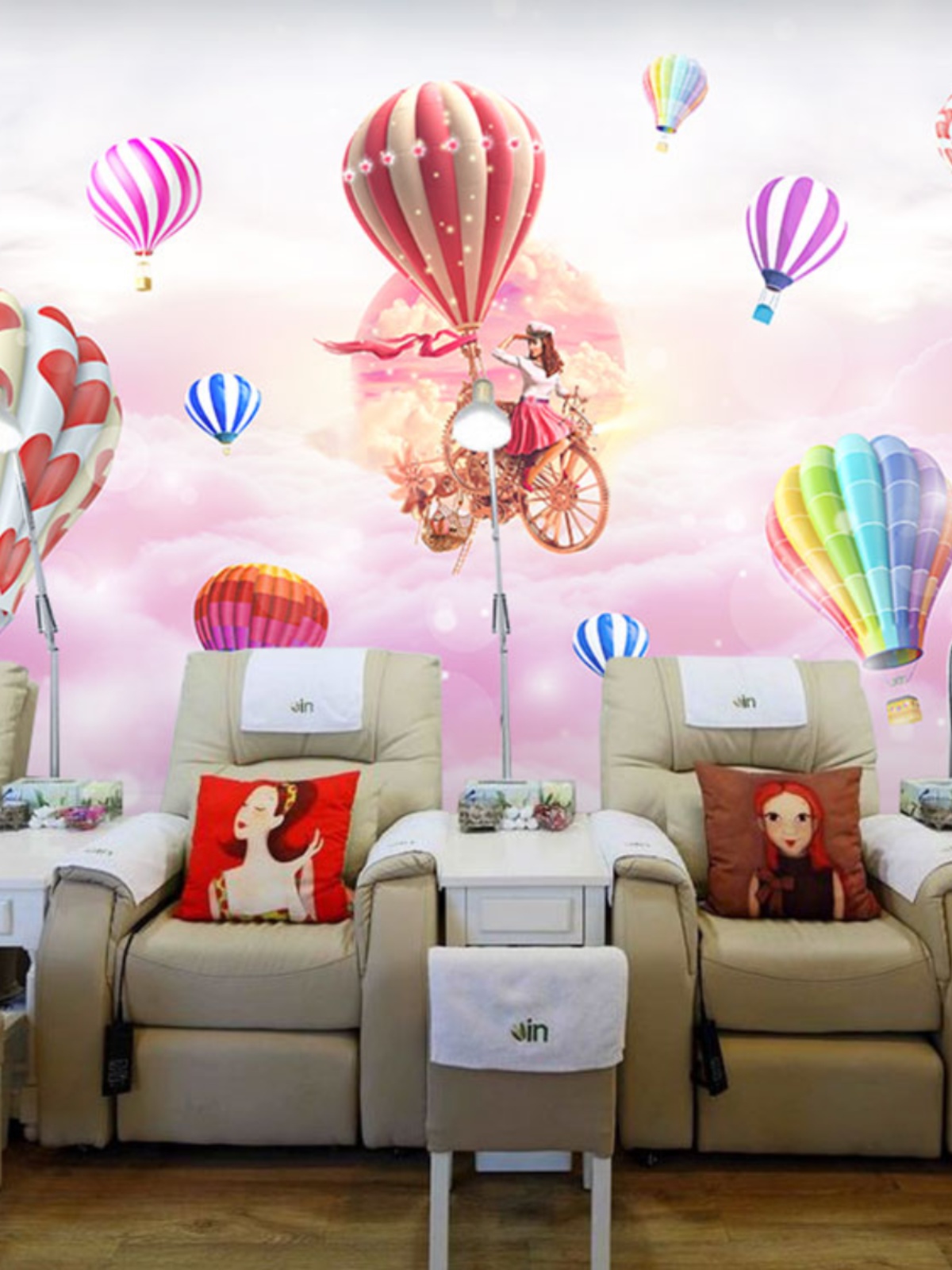 卡通热气球游乐园壁画儿童房女孩卧室墙布8D粉色公主房背景墙壁布