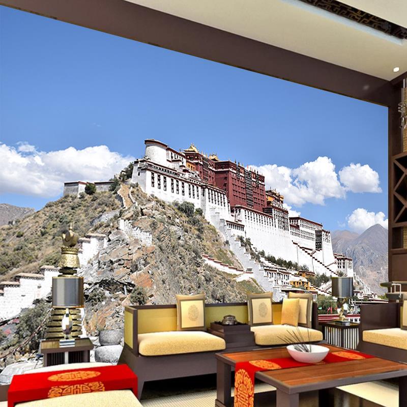 风景壁画墙布大厅背景墙壁纸西藏白蓝布达拉宫云3d电视墙纸天沙发