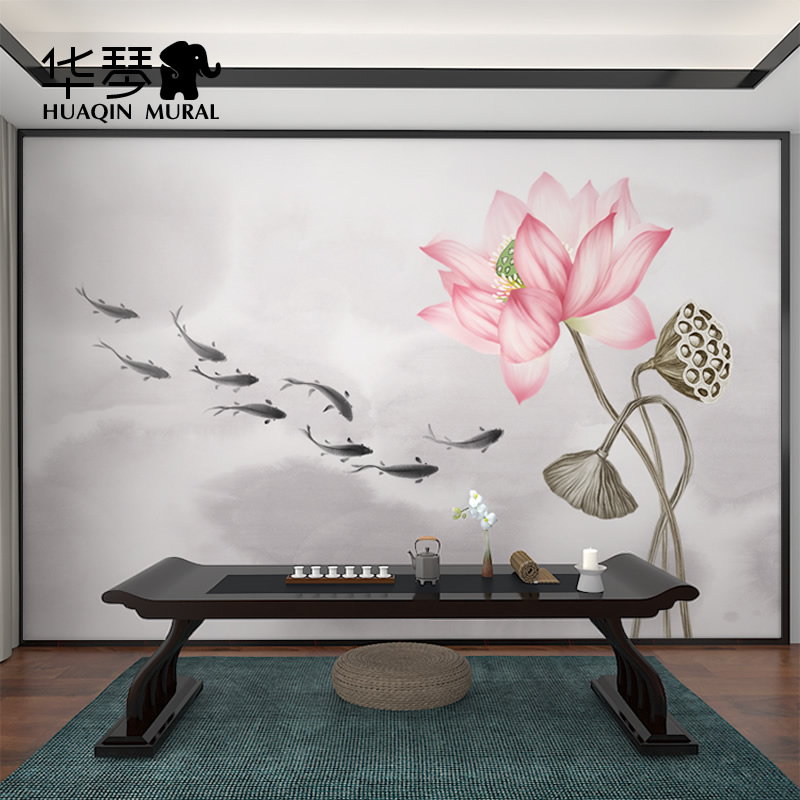 新中式电视背景墙壁纸客厅沙发墙纸禅意荷花九鱼图墙布壁画定制