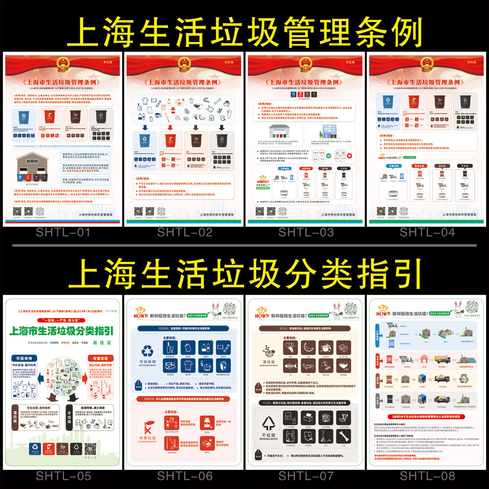 上海城市垃圾分类宣传画环境保护报挂图环保标语分类垃圾桶标签纸