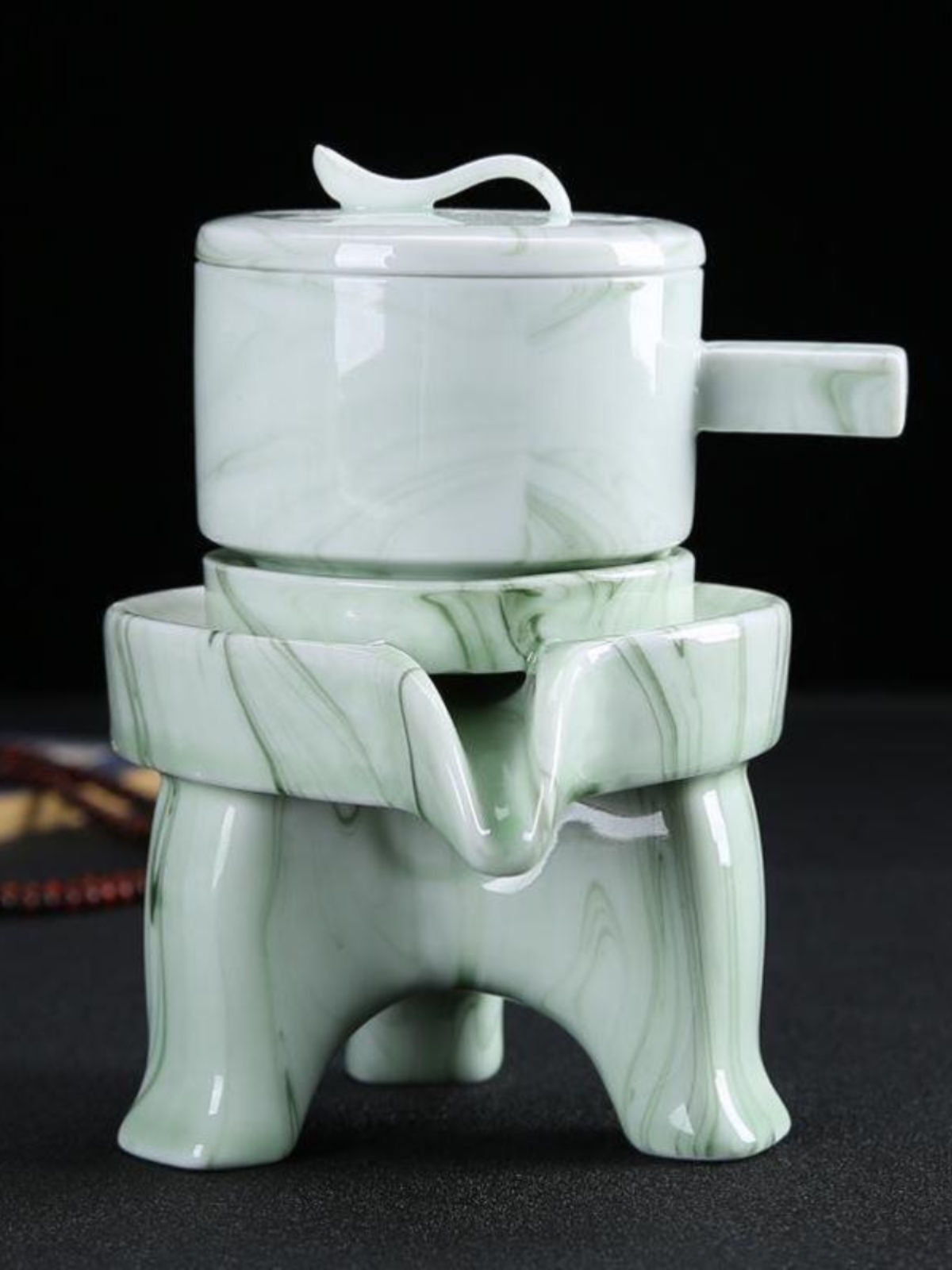 新新款高档瓷青懒人石磨时茶具单个旋转出水功夫动茶壶复古来运促