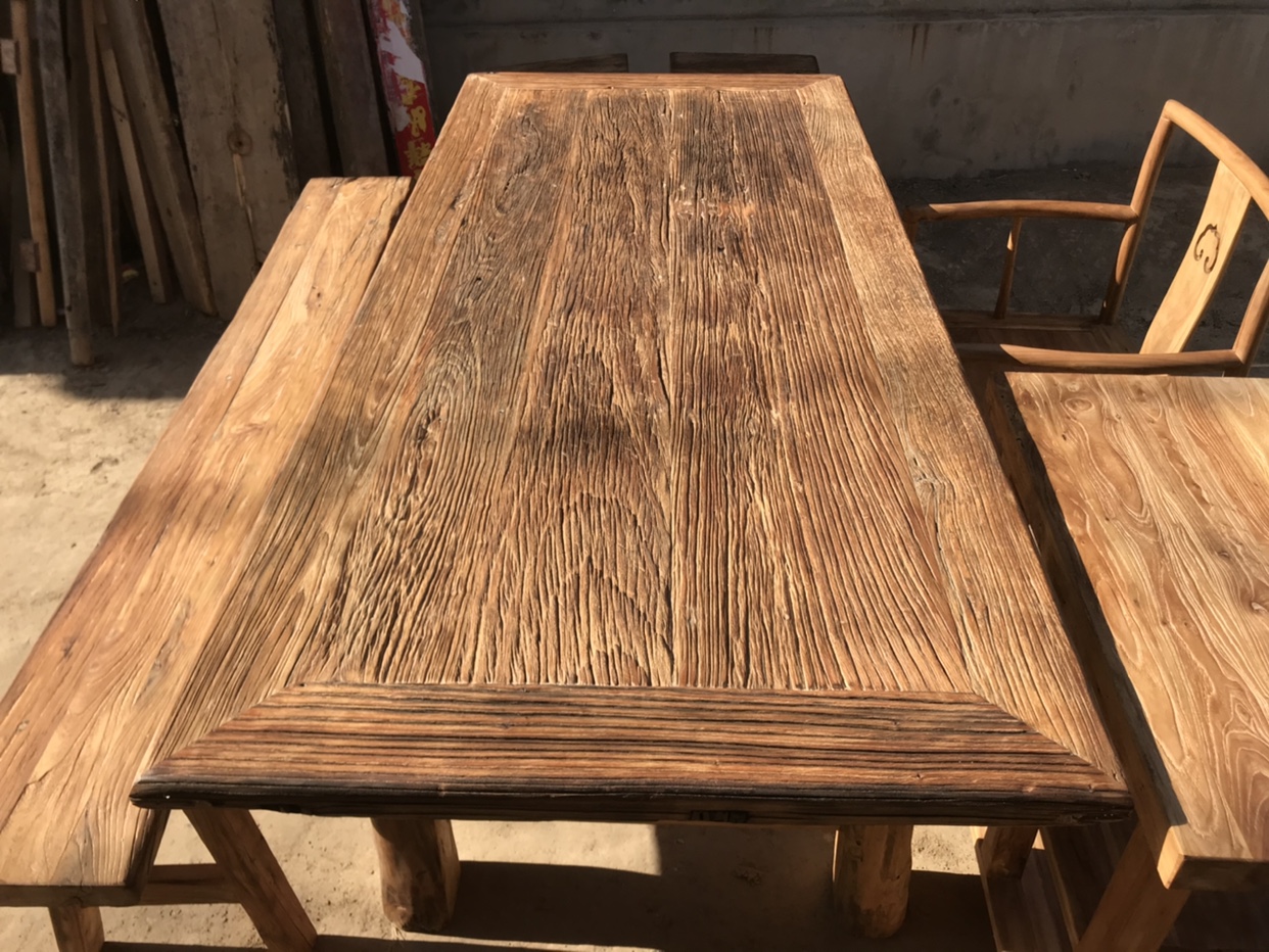 老榆木茶桌复古老木板桌原木禅意餐桌北方老门板实木吧台家用长凳