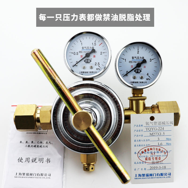 上海繁瑞氧气管道减压阀YQYG-224全铜阀体管路调节减压器O2压力表