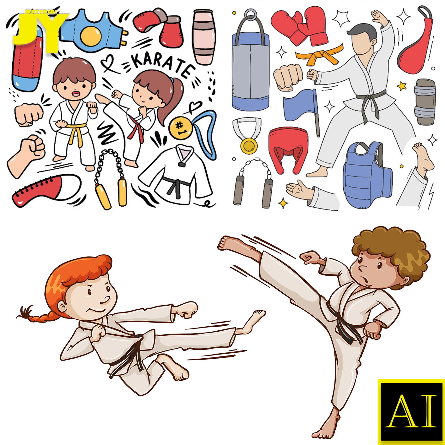 跆拳道柔道卡通人物男孩女孩搏击极限运动插画海报设计AI矢量素材