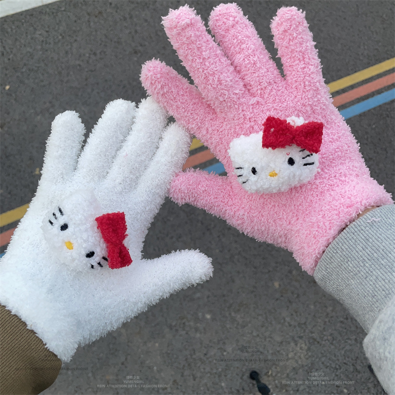 超可爱冬季防风kt猫kitty猫咪头像卡通毛绒学生骑车保暖分指手套