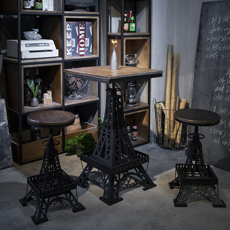 法式复古铁艺实木吧台桌椅工业风家用阳台桌奶茶咖啡店酒吧高脚桌
