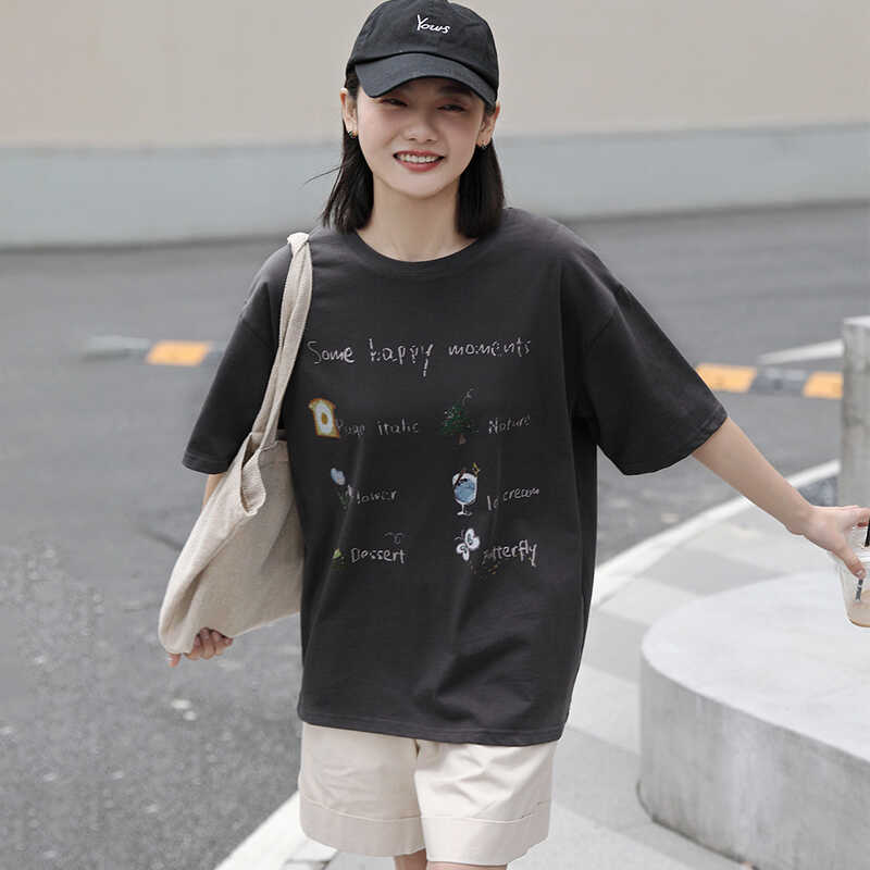 西木2024夏季新款女短袖T恤圆领英文图卡通动物可爱甜美简约日系