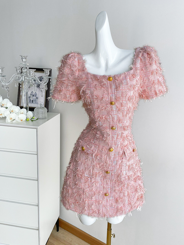 粉色复古小香风短袖连衣裙女夏季短裙法式高端小个子气质礼服裙子