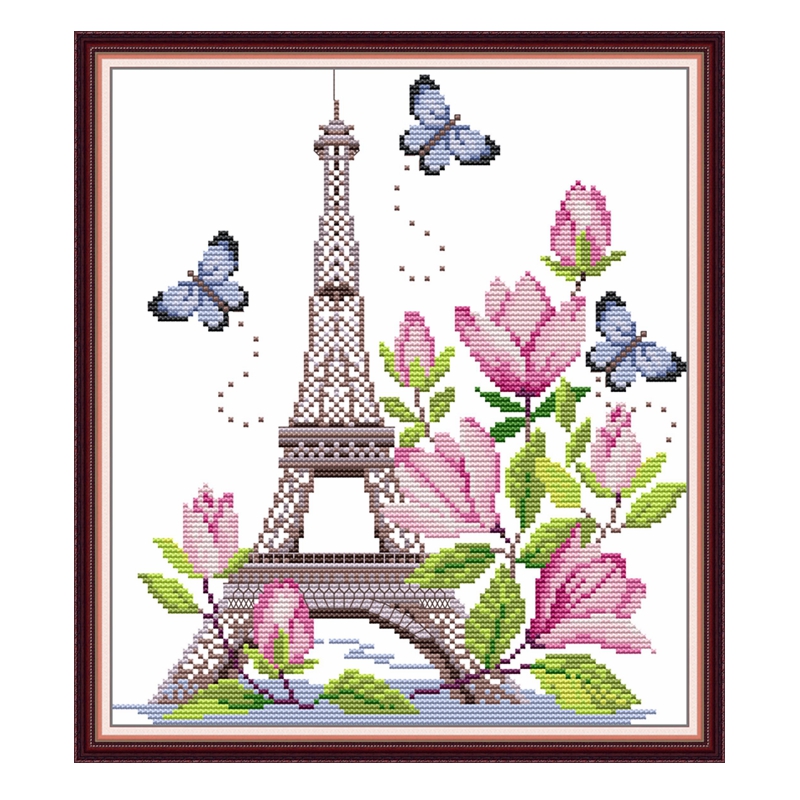 2023新款十字绣清晰印花布风景春天的埃菲尔铁塔鲜花蝴蝶小幅装饰
