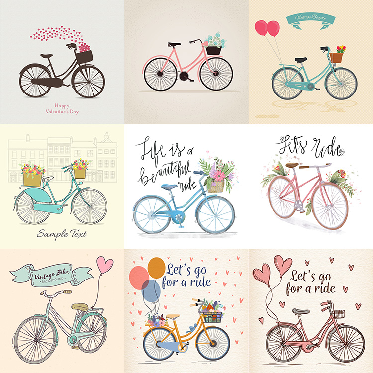 复古浪漫单车插画卡通手绘自行车清新海报背景AI格式矢量设计素材