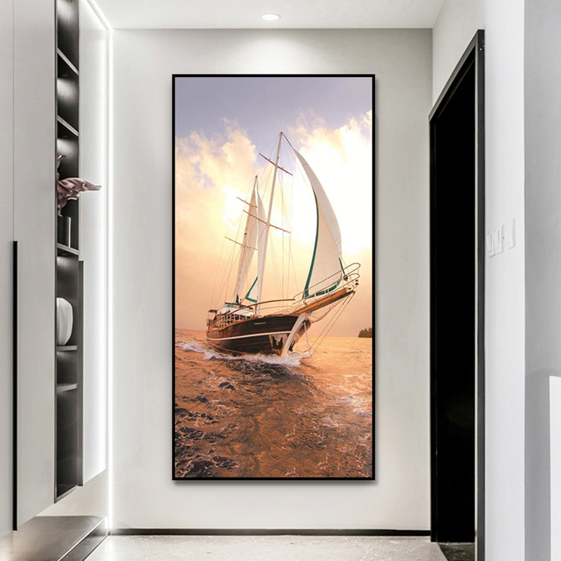一帆风顺客厅装饰画现代轻奢大海帆船风景挂画客厅走廊玄关竖版画