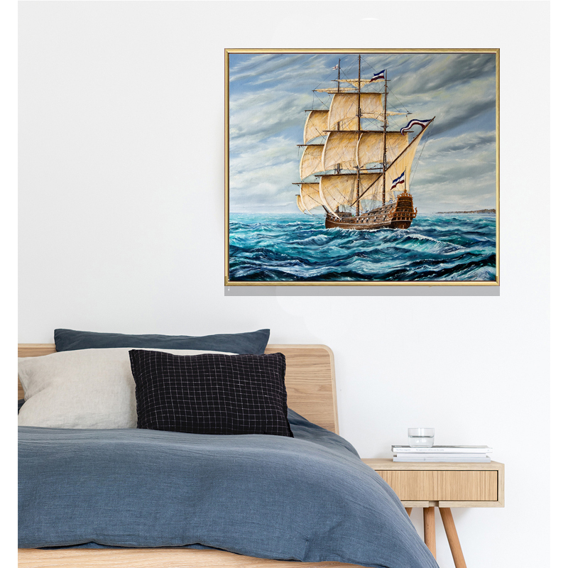 儿童房装饰画男孩卧室床头挂画美式莫奈帆船油画大海墙面免打孔