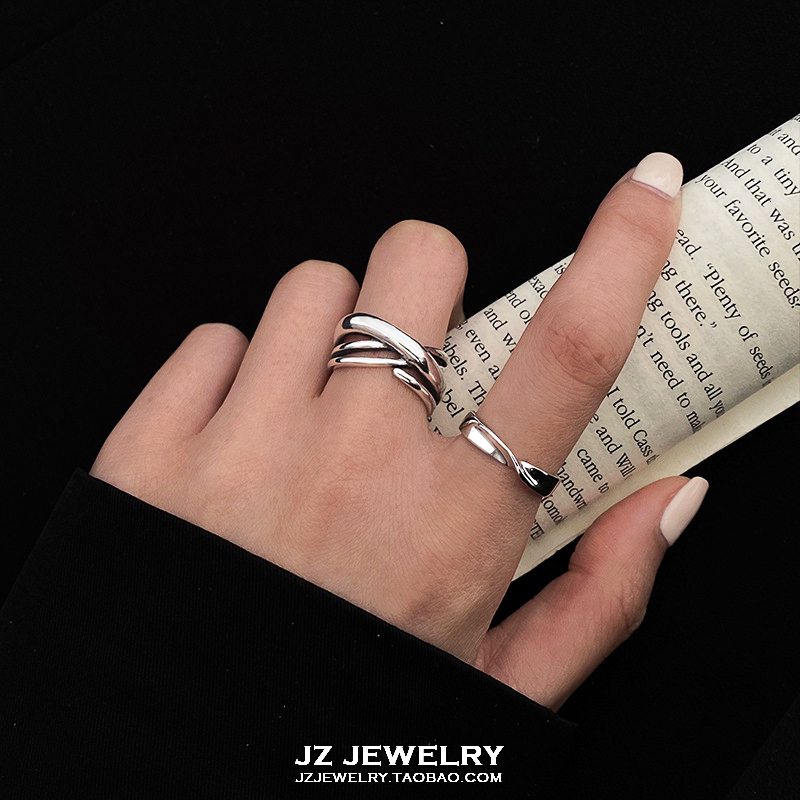 JZ Ring S925纯银 欧美简约指环男 韩国冷淡风气质多层开口戒指女
