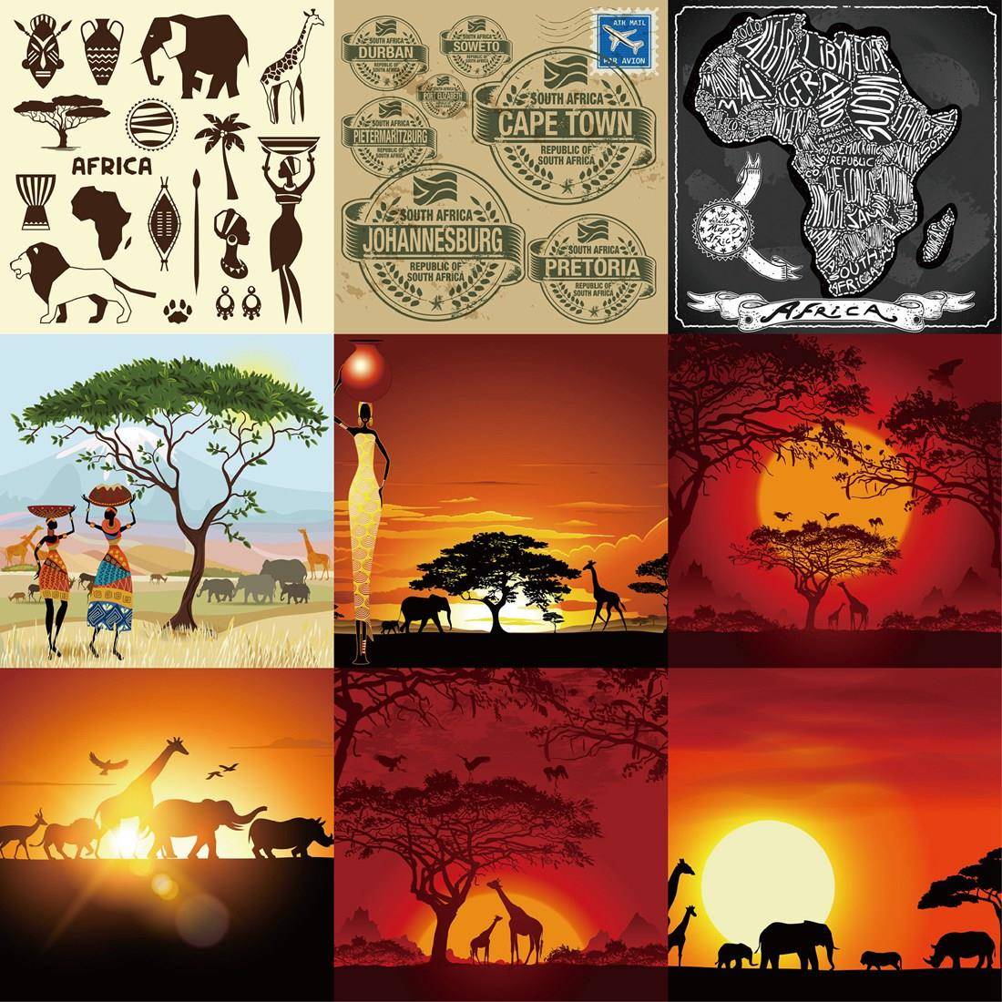 非洲原始大草原风景日落人物动物非洲民族图案 25个EPS矢量素材