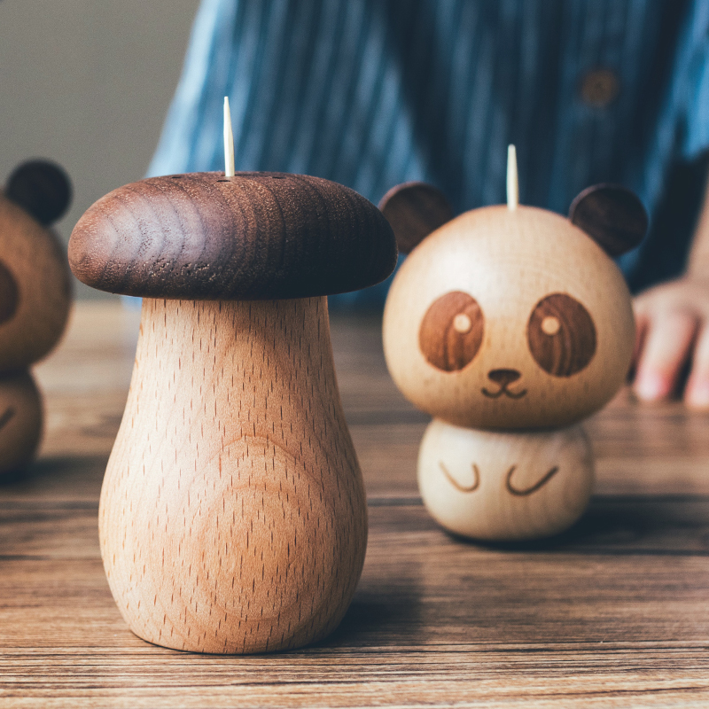 日式木质牙签盒家用创意餐厅可爱蘑菇牙签筒迷你卖萌小熊猫牙签罐