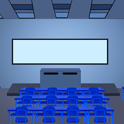 蓝色教室学校黑板讲台课桌卡通教室高清LED大屏幕舞台背景图片