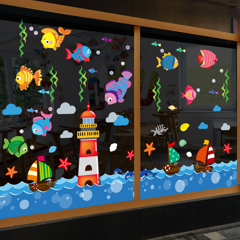 海洋动物玻璃门贴纸卡通墙贴画海底世界幼儿园环创材料主题墙装饰