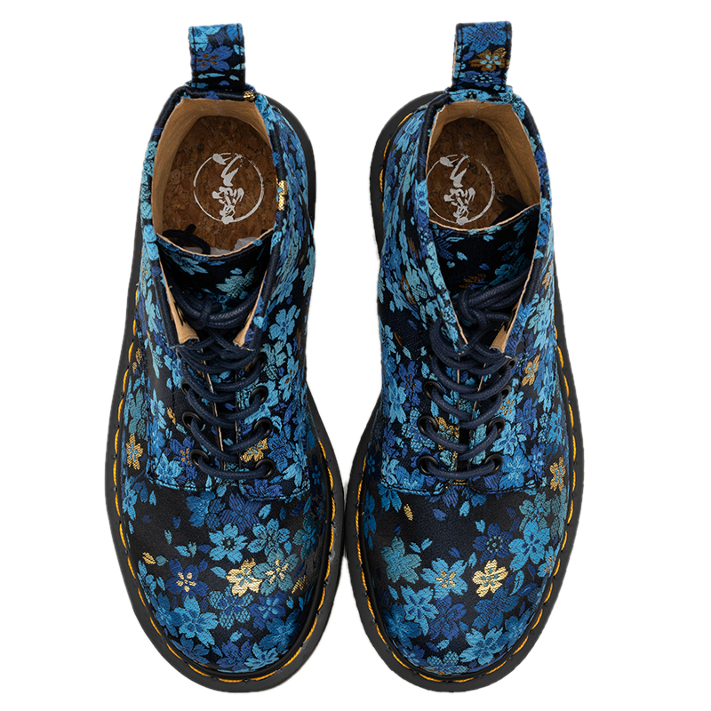 日本进口西阵织和风夜樱里蓝色马丁靴女手工艺日系传统花纹短筒靴
