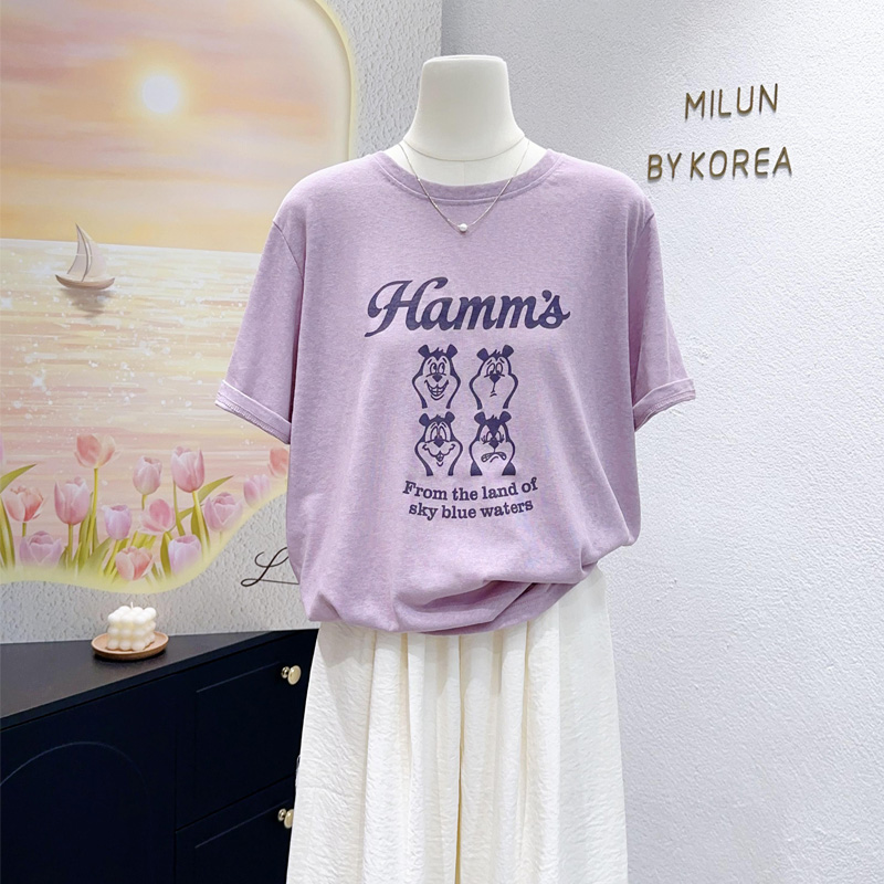 今年流行紫色~微胖遮肉凉感苎麻棉短袖韩代款夏季ins趣味小熊T恤