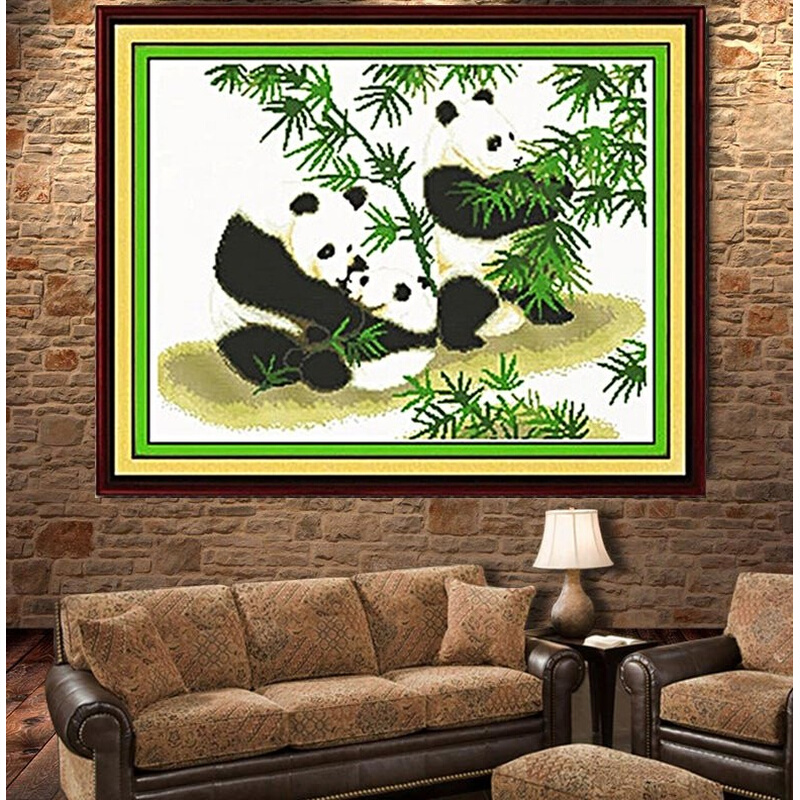 纯手工十字绣成品国宝熊猫吃竹子财福双全客厅儿童卧室装饰小挂画