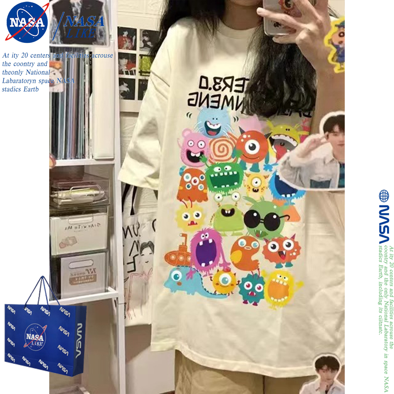 NASA联名纯棉涂鸦怪兽2024杏色短袖t恤宽松慵懒风上衣设计感小众
